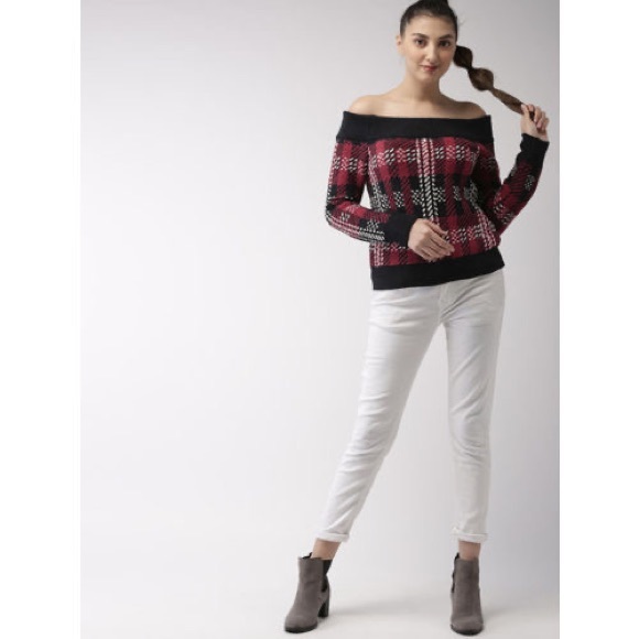 PLAID OFF SHOULDER SWEATER - Picture 5 of 6